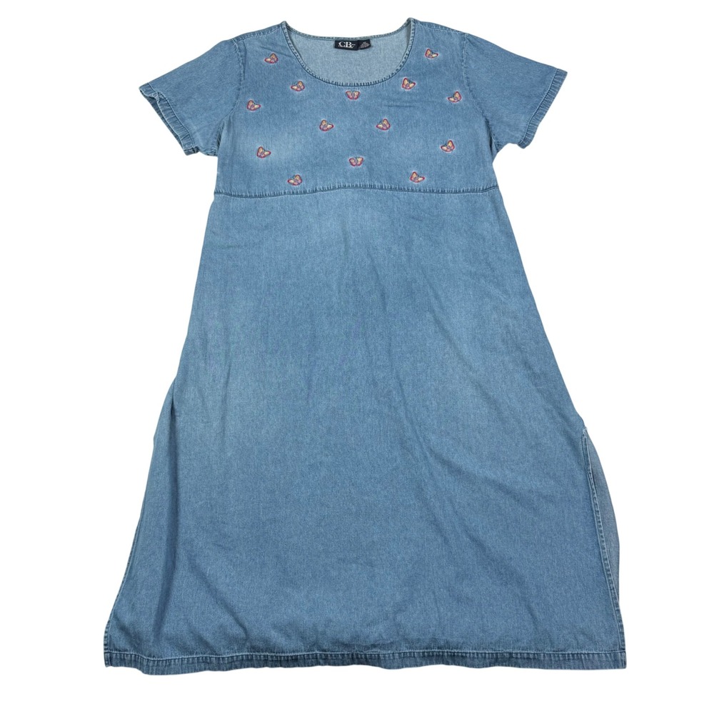 Vintage 90s CB Casual Plus Denim Butterfly Embroidered Maxi Dress Womens 3X Blue